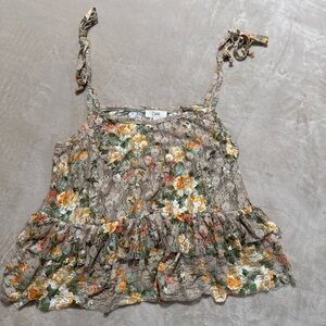 Oasis Taupe Floral Lace Tie-Strap Cami with Ruffle Hem